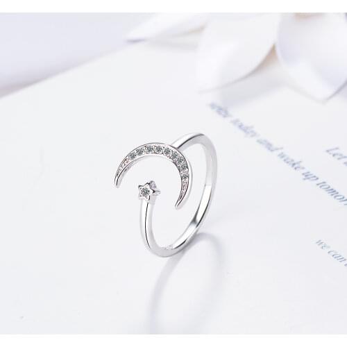 925 Sterling Silver Trendy Silver Color Moon Star Open Finger Dazzling Zircon Open Rings For Women Girls Jewelry Gifts S-R467