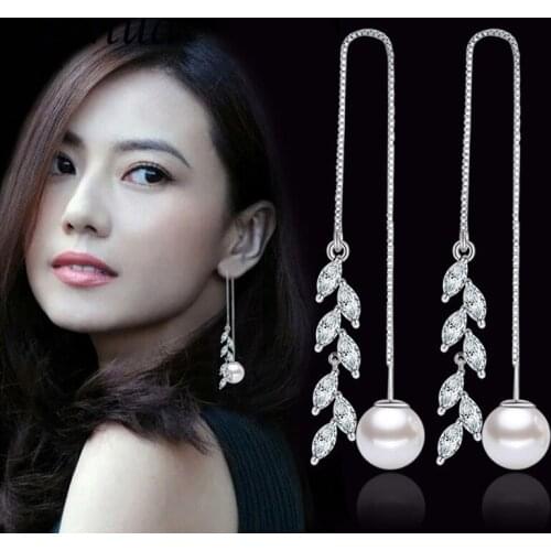 ZRHUA 925 Sterling Silver Pearl Earrings for Women Exquisite Fashion Lady Leaf Pending Drop Earrings Aretes Bijoux Femme Girls