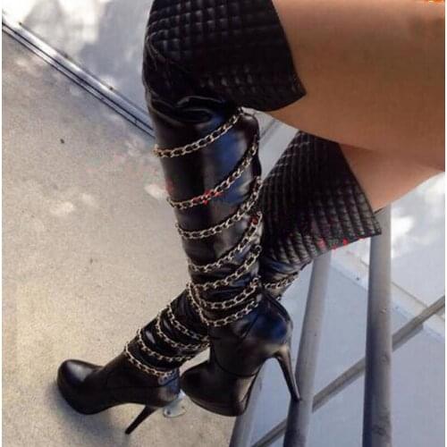 Sestito Woman Charming Chains Decorated Thigh High Heels Over-the-knee Boots Ladies Patchwork Design Thick Platform Dress Shoes