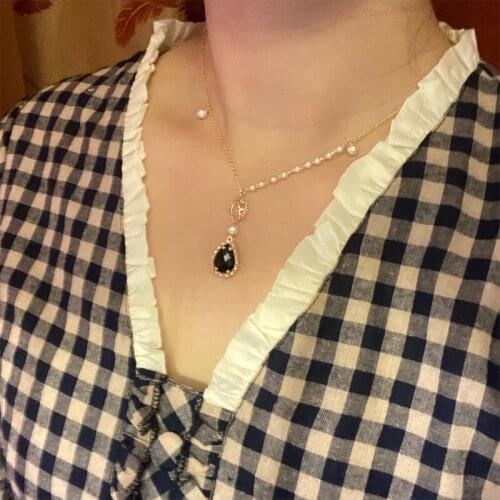 TIMEONLY Elegant Black Waterdrop Crystal Pendant Necklaces Imitation Pearl Hollow Chain Necklace Delicate Earring for Women