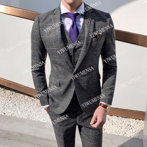 YIWUMENSA Elegant Prom Business Men Suits For Wedding Tailor-Made Slim Fit Plaid Check Grey Peak Lapel Jacket+Vest+Pants 3 Piece