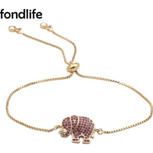 Purple Cubic Zirconia Crystal Cute Elephant Charm Bracelet Women 2021 New Fashion 4 Color Brass CZ Chain Adjustable Jewelry Her