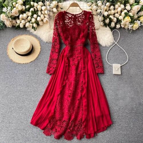 New French style Dress Women Spring and Autumn Lace Long Sleeve Dress Female vintage Hollow out Dress 2021