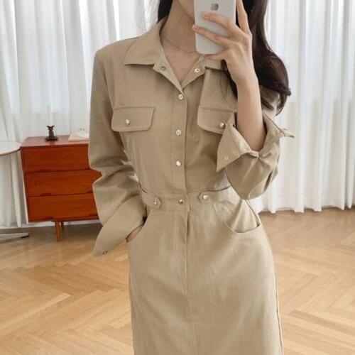 ZAWFL Elegant Lapel Women Knitted Straight Dress 2021 Autumn Loose Full Sleeve Single-breasted Lace-up Female Dress