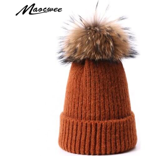Winter Fashion Hat With Real Fur Pompom For Women Warm Knitted Soft Wool Knitted Skullies Beanies Thick Bonnet Gorros Female Cap