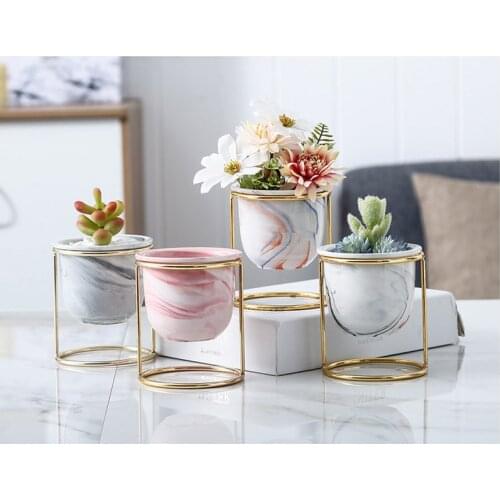 1pcs Nordic Creative Succulent Flower Pot Marble Pattern Gold Iron Frame Ceramic Flower Pot Home Decor Flower Pot
