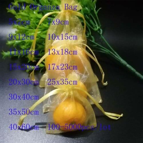 100 Pcs/Lot Gold Drawstrings Organza Bag Jewelry Bag Gift Package Bag Christmas Wedding Bag Yarn Pouches 7x9 9x12 10x15cm