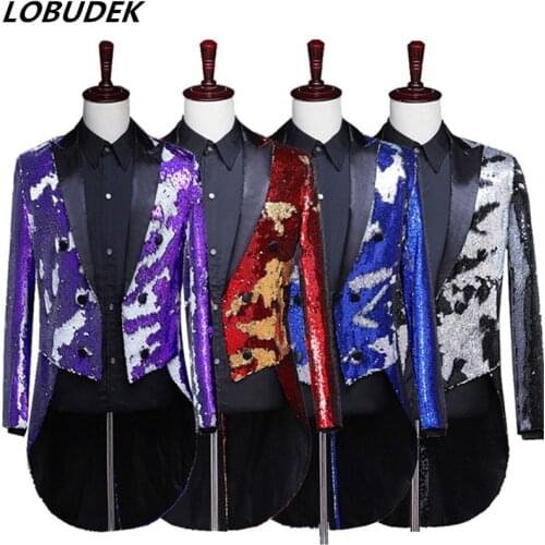 4 Colors Flip Sequins Tailcoat Purple Blue Red Black Swallowtail Fashion Slim Swallow-tailed Coat Magician Performance Clothing