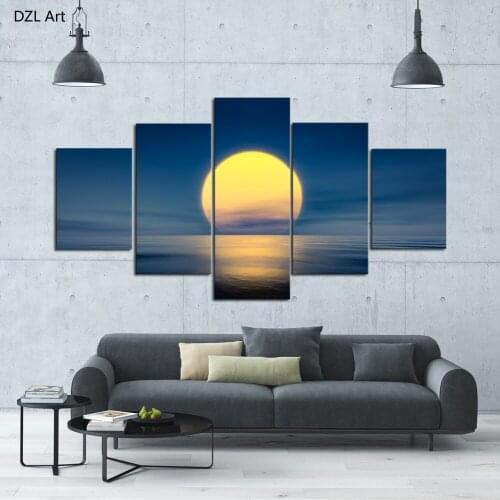 5 Panels(No Frame) Big Moon and sea Wall Decor Print on Canvas Oil Painting Canvas Painting for Christmas Gift