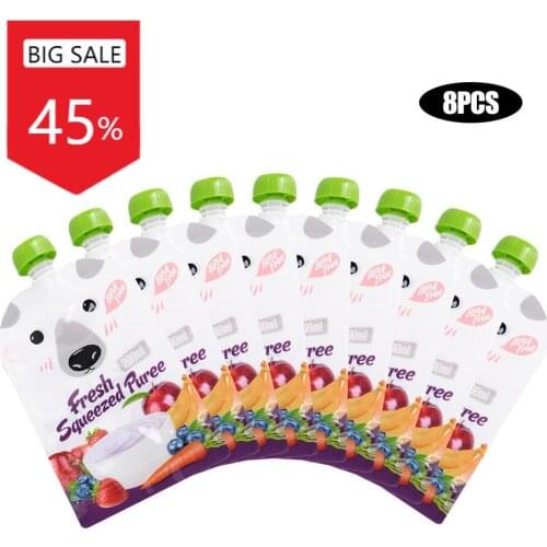 8pcs/pack 200ML Kids Breast Milk Storage Bags Cartoon Reusable Newborn Baby Food Pouch Infant Double Zipper Feeding Bags
