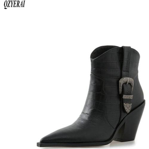 QZYERAI Ankle boots Genuine leather Female boots Womens boots Autumn winter pointed High heels Womens shoes Size 34-43