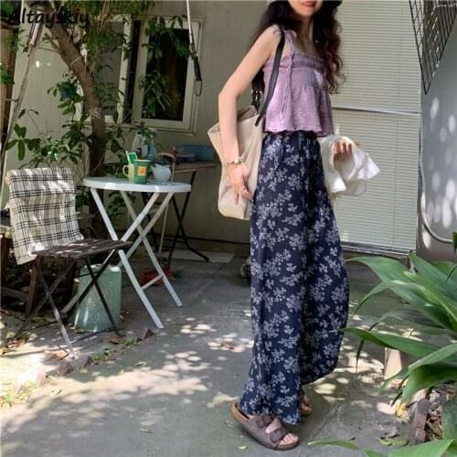 Wide Leg Pants Women Summer Korean Style New Floral Thin BF Soft Loose Casual All-match Streetwear Ladies Fashion Trousers Baggy