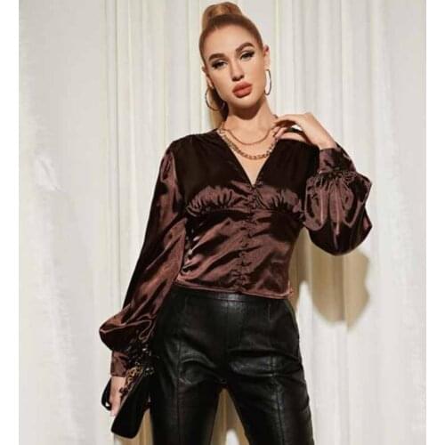 Cultiseed European Women Sexy V Neck Single Breasted Lantern Sleeve Solid Slim Waist Shirts Lady Elegant Office Party Blouses