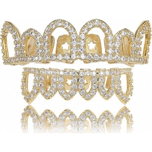 Hip Hop Gold Plated Hollow Hollow Grillz Top and Bottom Teeth CZ Stone Micro Pave Set Hip Hop Charm Jewelry