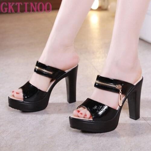GKTINOO Open Toe Leather Platform Shoes Woman Summer Slippers 2021 High Heels Slides Ladies Office Slipper Plus Size 35-43
