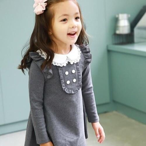 Baby Girls Cotton Dress Long Sleeve Fashion Princess Dresses Casual Children Clothing Gray Navy Blue Clothes Ages 3 To 12 Years