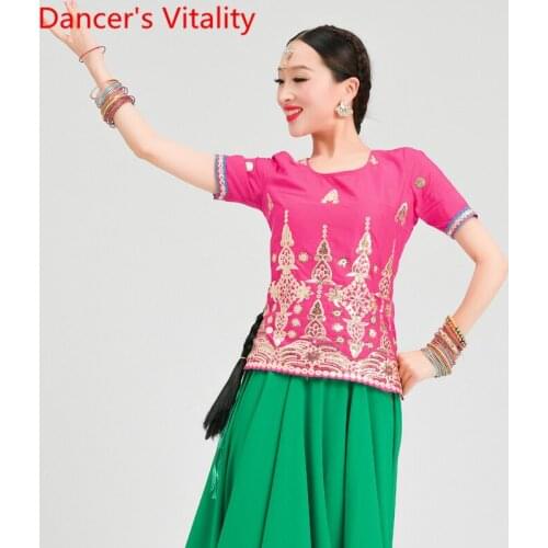 Indian Dancing Cotton Embroidered Slim Fit Short Top 2 Style Sleeves Oriental Belly Dance Competition Performance Clothes