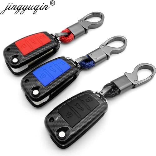 Jingyuqin 10x Carbon Cover Silicone Fob Case For Audi C6 A7 A8 R8 A1 A3 A4 A5 Q7 A6 C5 Double Protect 3BTN Car Remote Flip Key