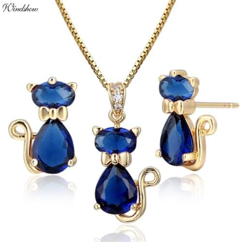 Kitty Cat Pendant Necklace Earrings Jewelry Sets Gold Color Dark AAA Blue CZ Jewellery Baby Children Kids Girls Gifts
