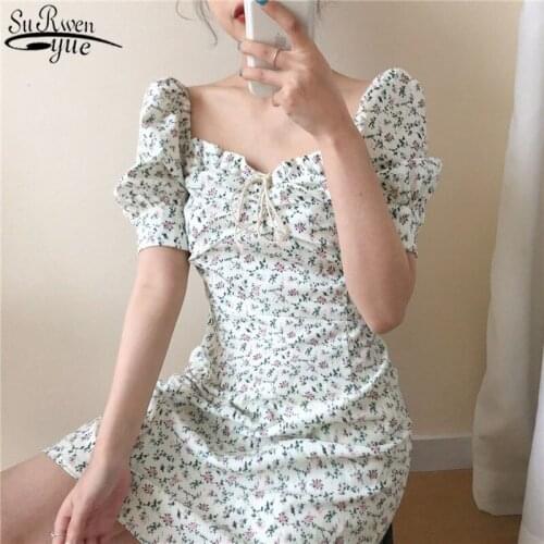 Korean 2021 Floral Print Mini Sexy White Dress Summer Dress Women Elegant Puff Sleeve Dresses Women Sheath Chic Vestidos 14669