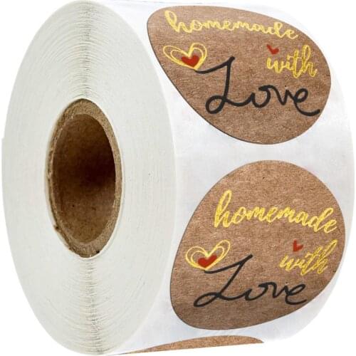 2.5cm Cute Stickers Homemade With Love Kraft Paper for Christmas Seal Labels 500pcs/roll Round Heart Kawaii Stickers
