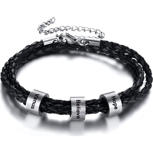 Personalized Mens Braid ID Bracelet Custom Beads Name Engraved Charm Multilayer Leather Wristband Bracelet