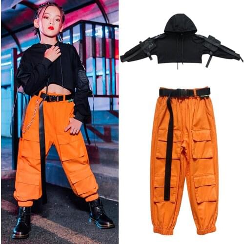 Fashion Hip-Hop Dance Costumes For Girls Black Hoodie Top Orange Hiphop Pants Jazz Performance Clothes Street Dancewear DQS6225