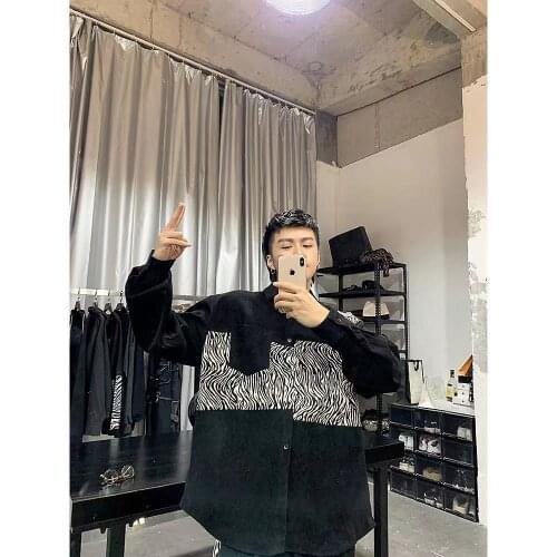 2021 Mens Splicing Color Design Long Sleeves Shirts Thickened Fabric Loose Retro Handsome Shirts Black Color Camisa Masculina