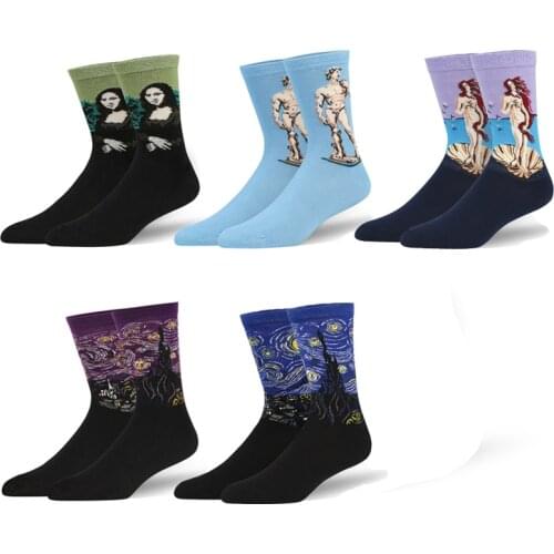 5 Pairs Art Socks Men Retro Mona Lisa Murals Novelty Starry Night Women Socks Cotton Oil Printed Van Gogh Funny Happy Socks