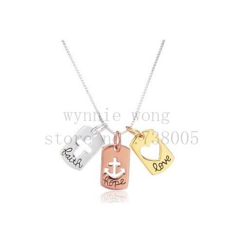 2015 New Inspirational Tri Colored Silver Yellow, Rose Gold Flashed "Faith Hope Love" Open Cross Hearts Charm Pendant Necklace
