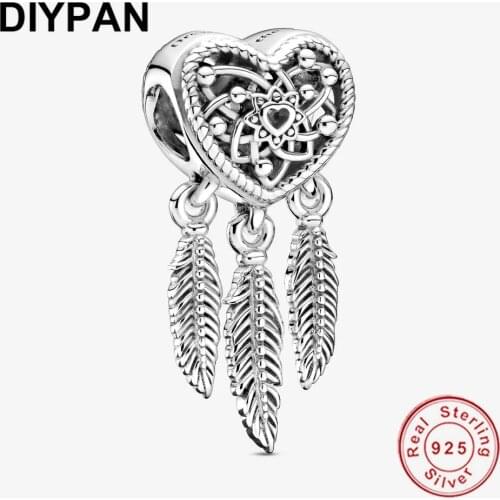 925 Silver Three Feathers Dreamcatcher Charm Fit Original Pandora Bracelet 925 Silver Charms Bead Berloque Women DIY Jewelry