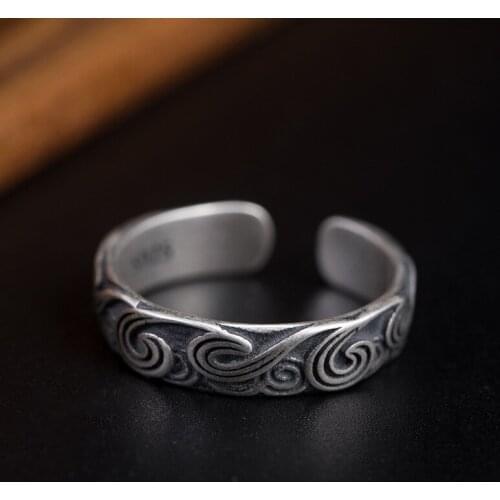 Vintage Silver Color Auspicious Clouds Rings for Mne Women Adjustable Opening Finger Ring Good Lucky Jewelry Party Gifts