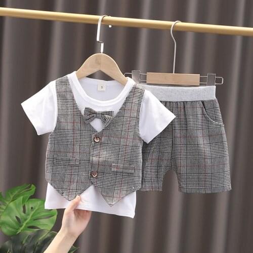New Summer Baby Boy Gentleman Clothes Suit Infant Plaid Vest Fake Two Shirt with Bow Tie+Plaid Shorts Kids Girls Fashion Outfits