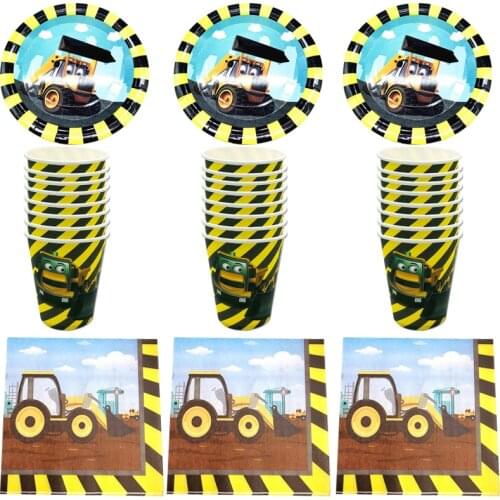 Excavator Theme Plates Kids Girls Favors Happy Birthday Party Cups Napkins Baby Shower Decorate Towel Dishes 60pcs/lot