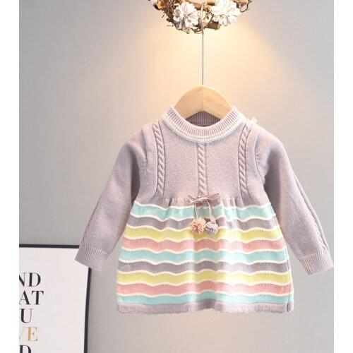 2021 Autumn Girls Princess Kids Children Baby Infants Knited Dress Ruffle Long Sleeve Striped Knitwear Dresses Vestidos S12873