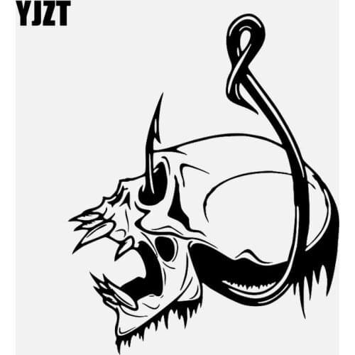YJZT 12.9CM*16.3CM Car Sticker Skull Fish Hook Fishing Bone Boat Car Truck Window Vinyl Decal Black/Silver C24-0616