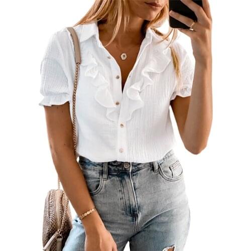 Chemisier femme grande taille,Summer short sleeve turn-down collar ruffle button up shirt Pink black white gray plus size tops