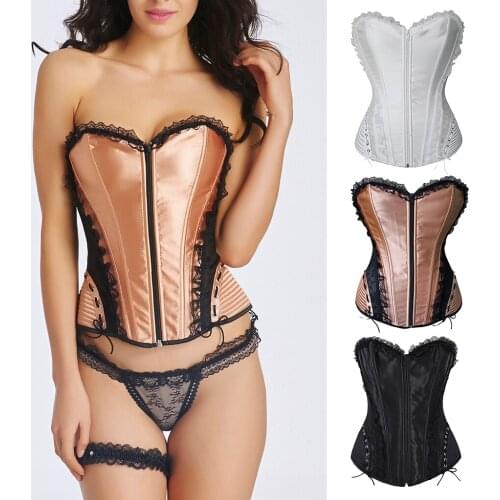 Women Gothic Medieval Overbust Boned Corset Burlesque Basque Top Lace-Up Halloween Costume Zipper