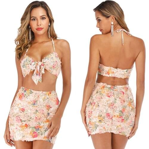 V Neck Crop Top Print Sequins Womens Two Piece Sets Summer Mini Skirt 2 Piece Sets Woman Sexy Bodycon Tops and Skirts Set