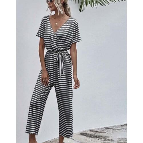 Womens Midi Rompers And Playsuits Summer New Striped Print Short Sleeve V-neck High Waist Bandage Office Lady Wide Leg Jumpsuit
