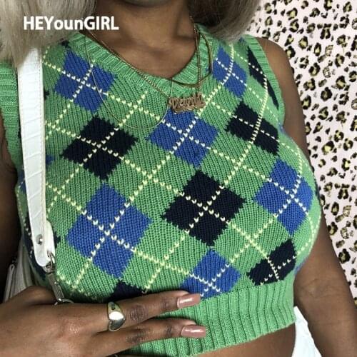 HEYounGIRL Y2K Argyle Plaid Cropped Sweater Vest Autumn Casual Sleeveless Tank Knitted Jumper Women V Neck Fashion Streetwear