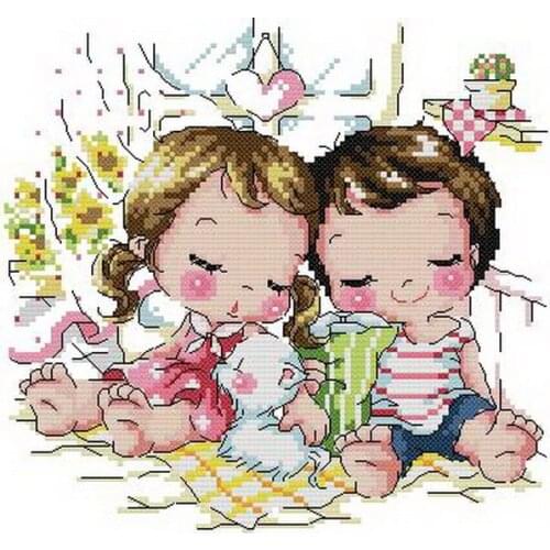 Gold Collection Lovely Counted Cross Stitch Kit Sleeping Sleep with Kitten Cat Kitty Little Boy and Girl Korean Cuties SO