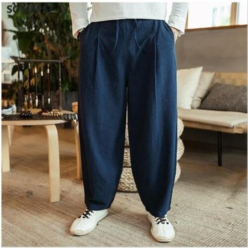 Large Size 6XL 7XL Mens Wide Leg Pants Cotton Linen Loose Harem Pants Summer Pure Trousers Male Loose Pants Drawstring