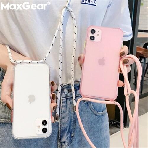 Strap Cord Chain Phone Case For iPhone 12 11 Pro Xs MAX XR 6 7 8 Plus SE Crossbody Necklace Cord Lanyards With Rope Clear Cover