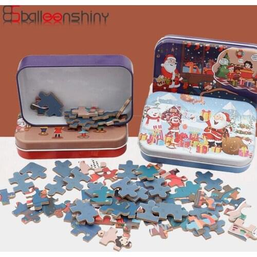 Warmom 60pcs Kids Puzzle Toy Santa Jigsaw Toy DIY Small Hot Sale Gifts Handmade Wooden Toy Puzzle Early Education With Tin Box
