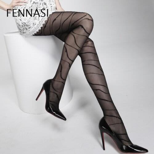 FENNASI Jacquard Spiral Striped Womens Tights Striped Pattern Punk Gothic Sexy Pantyhose Nylons Lady Female Erotic Black Tights