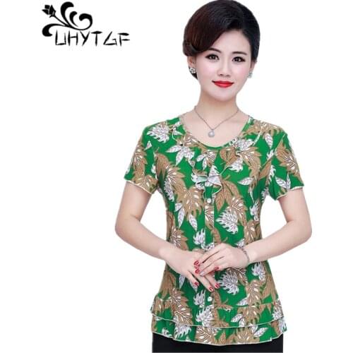 UHYTGF T-shirts for women short sleeve printed elegant mother summer tshirt female casual thin top 5XL plus size shirt women1526