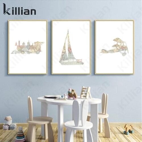 World Map Cartoon Print Adventure Travel Wall Art Canvas Poster Hot Air Balloon Train Airplane Art Painting Childrens Room
