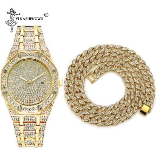 Hip Hop Miami Curb 15MM Necklace & Watch 1 Set Gold Iced Out Paved Rhinestones CZ Bling Necklaces Cuban Chain Men Rapper Jewelry