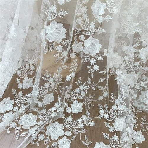 LFY New Style Off white Exquiiste Sequins French Tulle Embroidery Lace fabric for Wedding Bridal gown dress